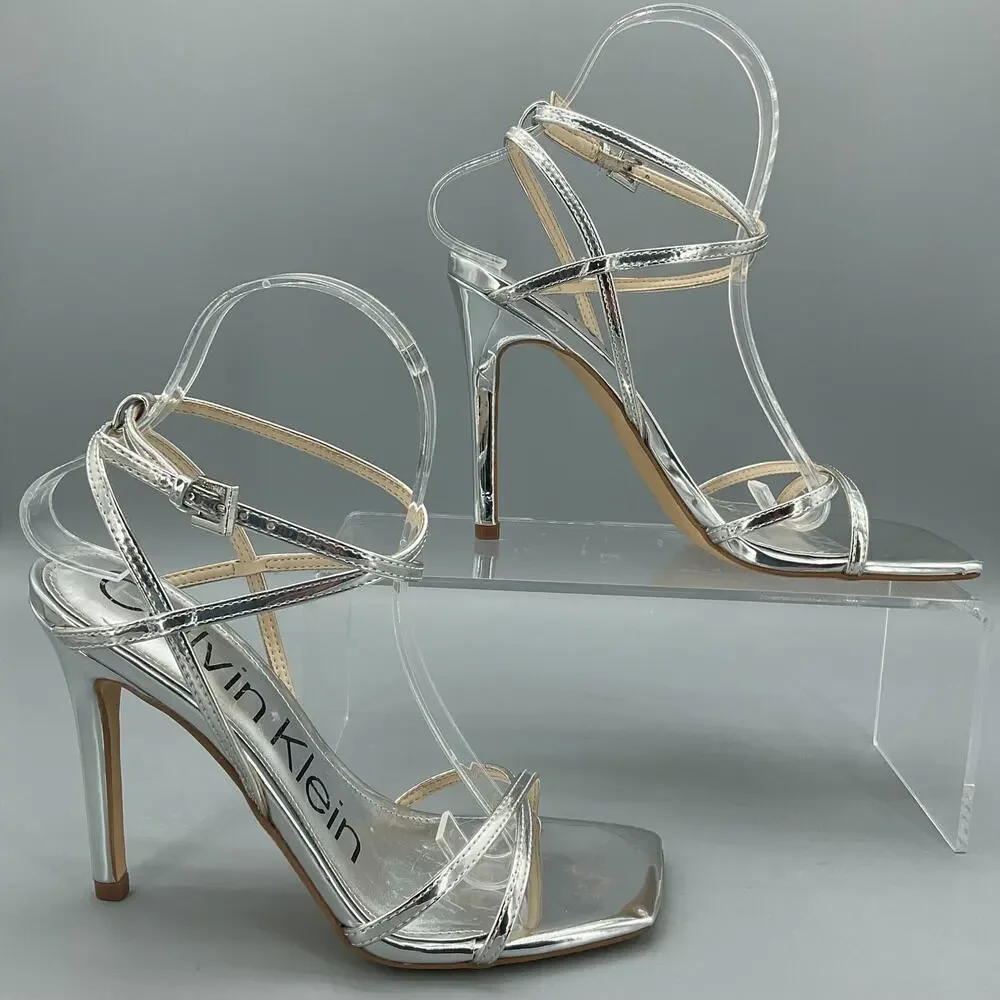 Calvin Klein Women’s Tegin Strappy High Stiletto Dress Sandals Silver Size 7M